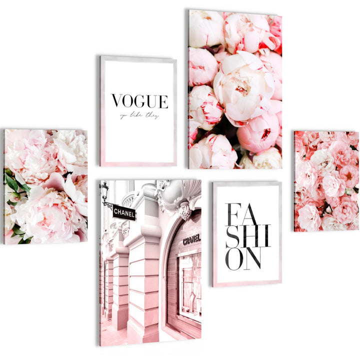 Novart Wandbilder Set Coco Fashion Blumen Rosa - KEIN EXTRA RAHMEN BENÖTIGT - Modern Deko - Wohnzimm