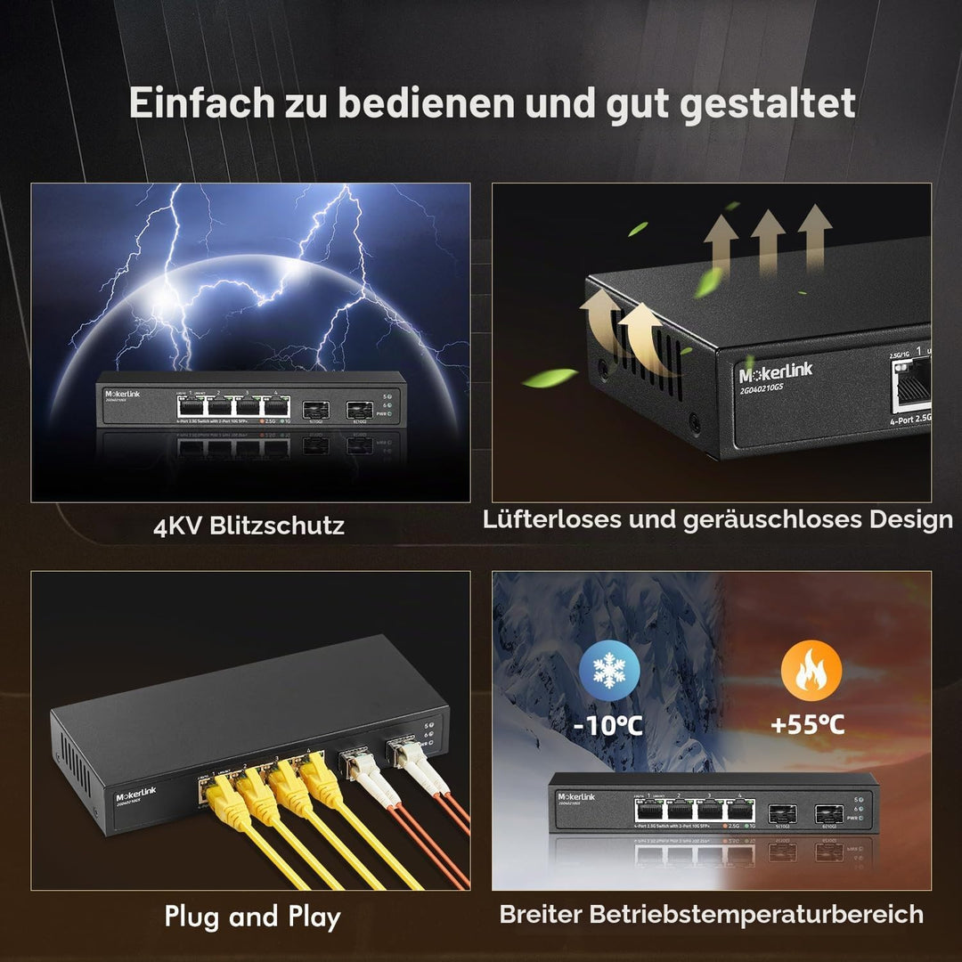 MokerLink 4 Port 2.5G Ethernet Switch mit 2 Port 10G SFP+ Slot, 4 x 2.5G Base-T Ports kompatibel mit