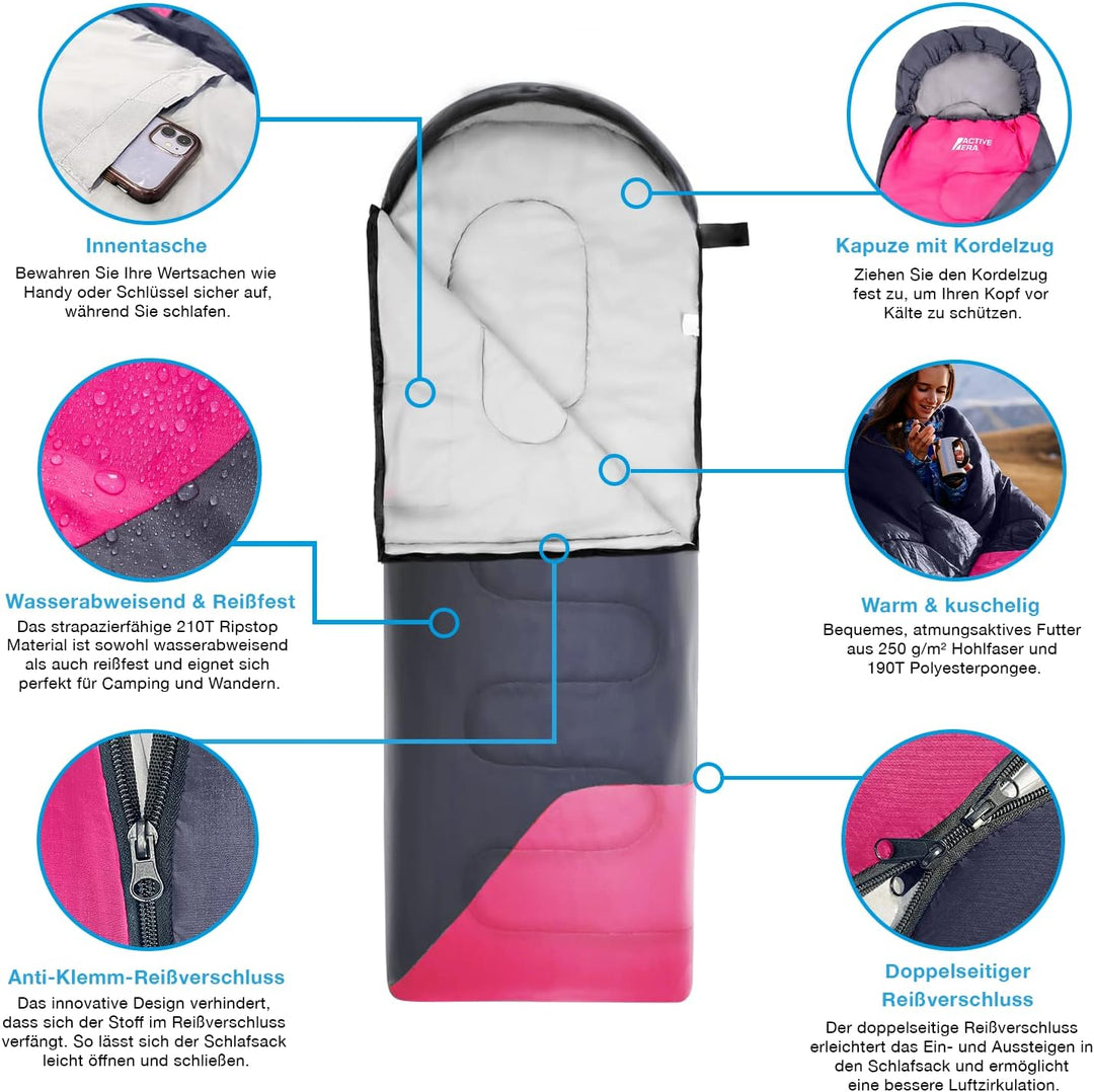 Active Era Premium Mumienschlafsack 250 GSM, Schlafsack Winter & Sommer, 0°C bis 15°C, Indoor und Ou