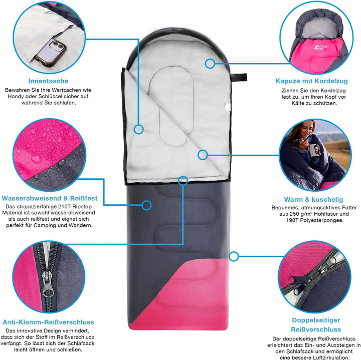 Active Era Premium Mumienschlafsack 250 GSM, Schlafsack Winter & Sommer, 0°C bis 15°C, Indoor und Ou