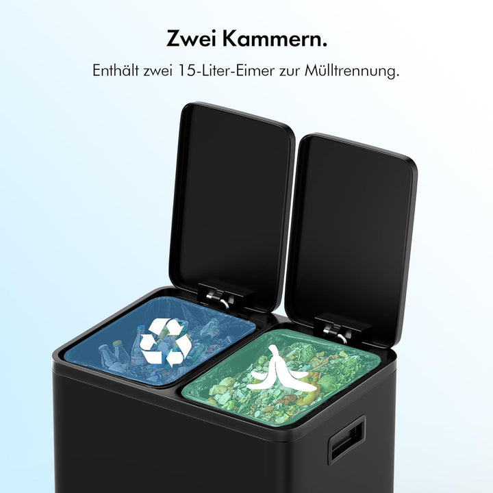 VonHaus Mülleimer 30L, Mattschwarz, Küchenmülleimer 2 Fächer, Doppelmülleimer 2 x 15L, Mülltrennsyst