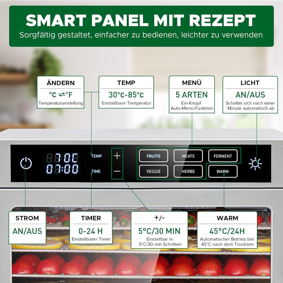 Kwasyo Dörrautomat 12 Etagen Edelstahl, 6 Voreinstellungen für Früchte, Gemüse, Fleisch, Blumen, 85°