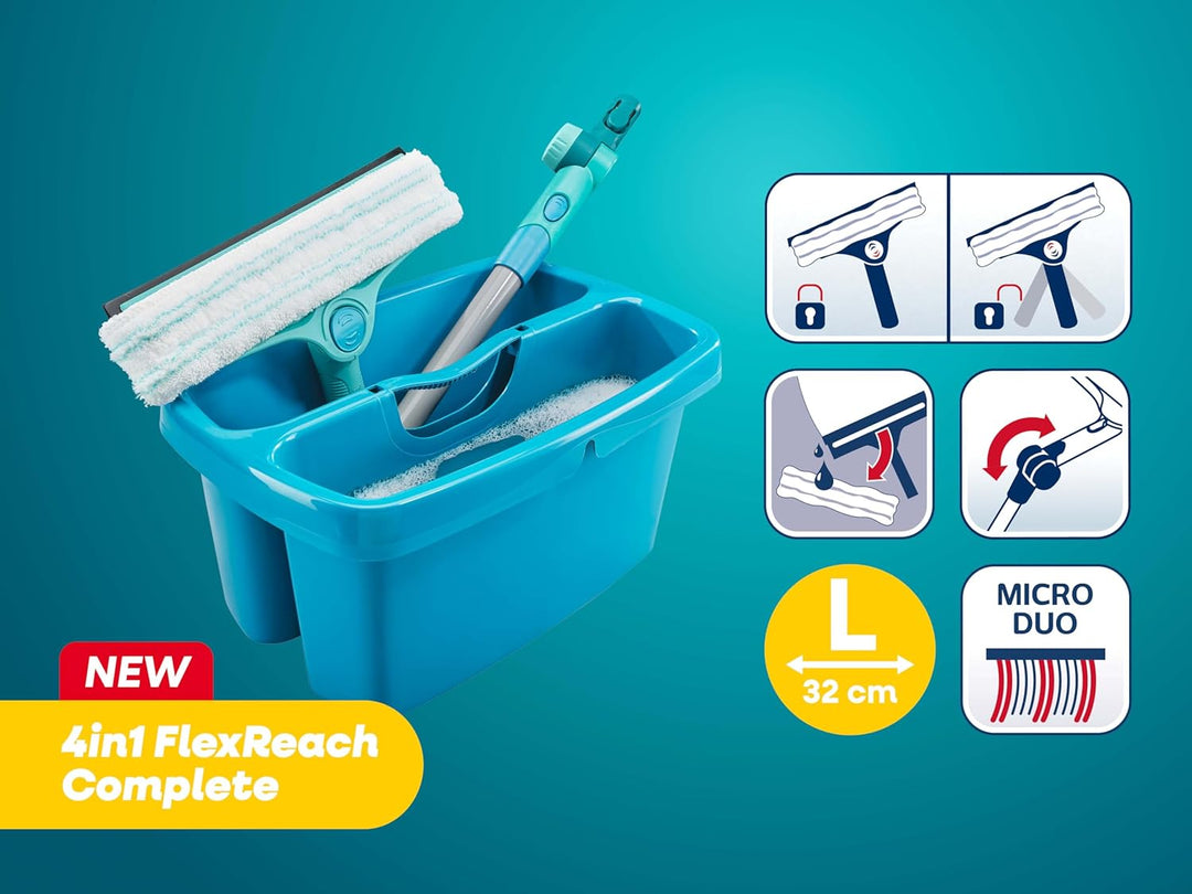 Leifheit Fensterreinigung Set 4in1 FlexReach Complete, Fensterwischer | 32 cm Silikon-Abziehlippe, 4
