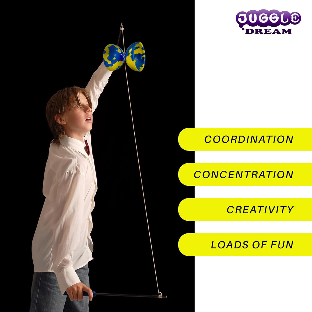 Juggle Dream Jester Diabolo Jonglierset – Fester Achse Profi-Diabolo mit Superglass-Handstäben, Onli