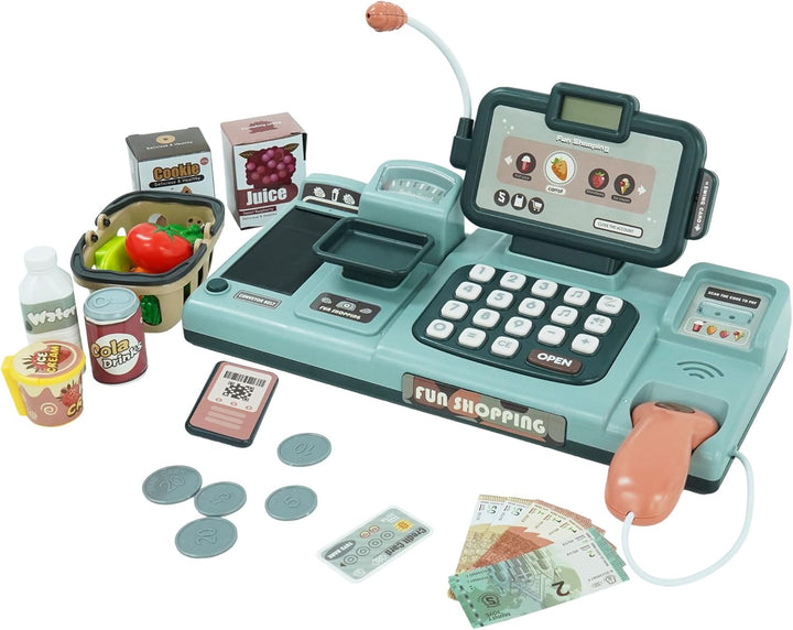 Elektronische Kasse Spielzeug Supermarkt Registrierkasse mit Scanner,Sound, Essen,Einkaufskorb,Kredi