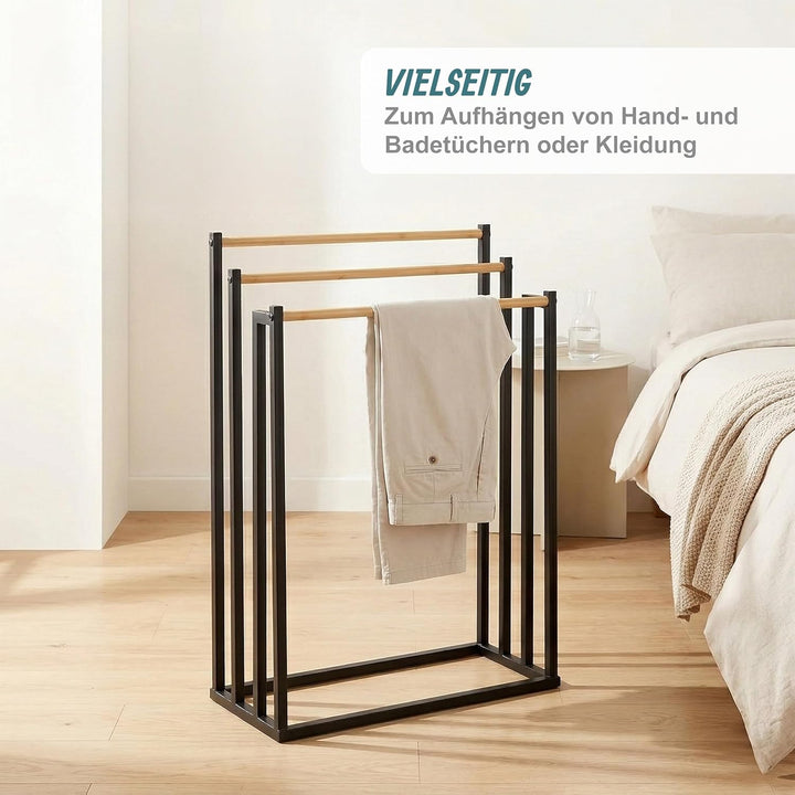 Relaxdays Handtuchständer, HBT: 76 x 45 x 21,5 cm, Metall, 3 Stangen aus Bambus, stehender Handtuchh