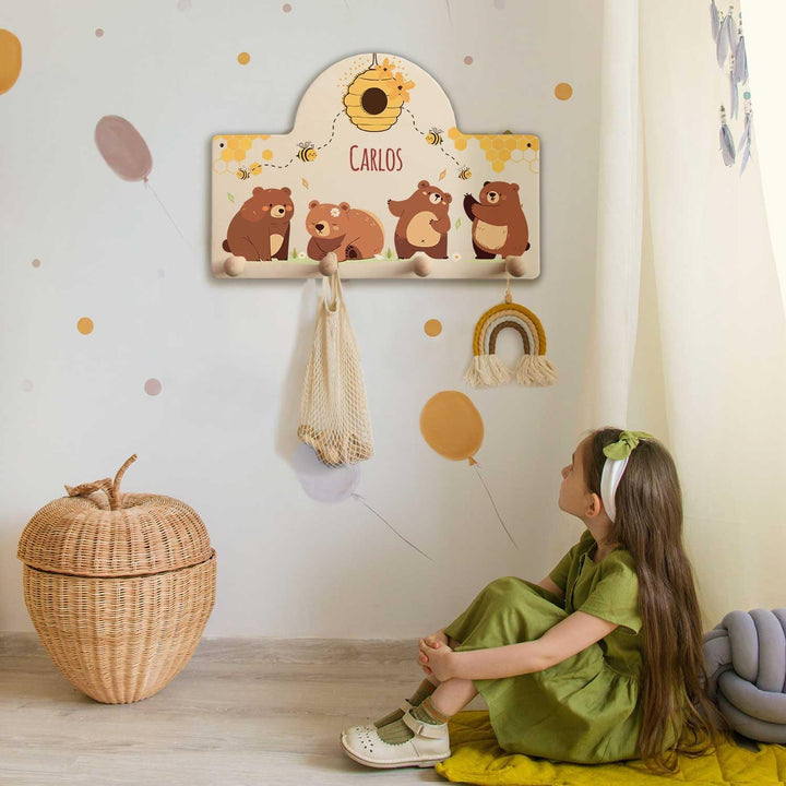GRAVURZEILE Personalisierte Kindergarderobe - Bären & Bienen - Personalisiert mit Name - Garderobe a