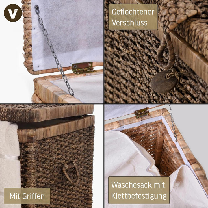 VIVANNO Wäschetruhe aus Wasserhyazinthe - Wäschekorb mit Deckel - 84 cm Braun - Stabile Aufbewahrung