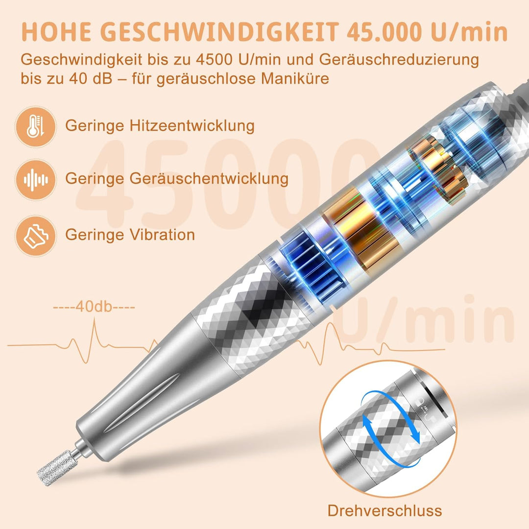 Professionelle Elektrische Nagelfeile 45000U/M für Gelnägel und Acrylnägel mit LCD-Display, Bit-Lock