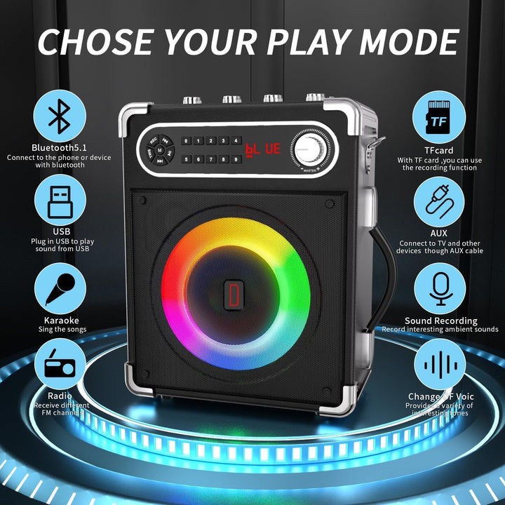 Karaoke Anlage mit 2 Mikrofonen, Tragbarer Kabelloser Lautsprecher Party Musik Box mit LED-Leuchten,