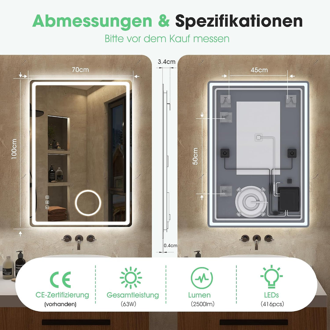 S'bagno Bluetooth Badezimmerspiegel mit Beleuchtung 100x70cm, Badspiegel mit Beleuchtung und 5fach-L
