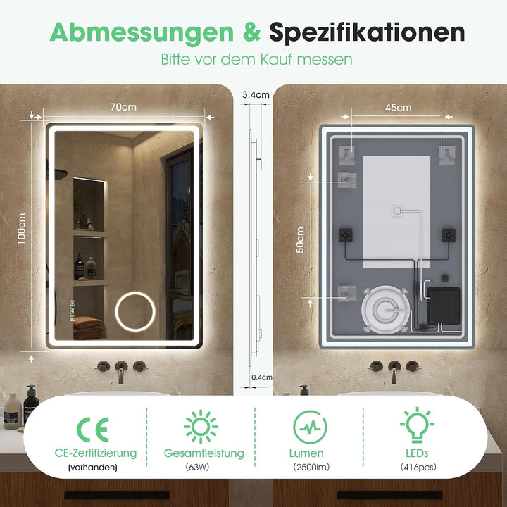 S'bagno Bluetooth Badezimmerspiegel mit Beleuchtung 100x70cm, Badspiegel mit Beleuchtung und 5fach-L