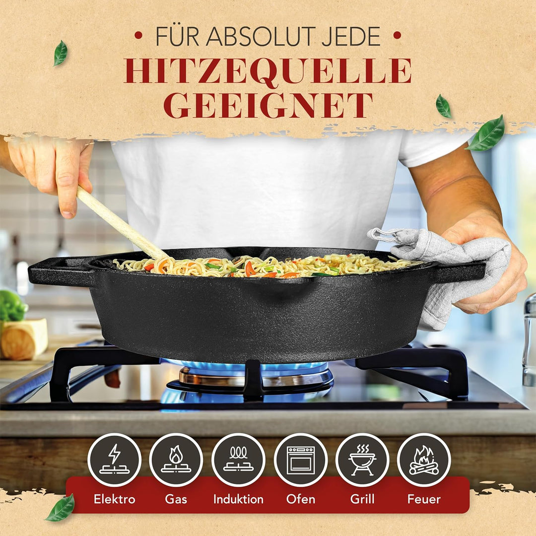 KRUSTENZAUBER Gusseisenpfanne Induktion 32cm Doppelgriff - inkl. Anleitung und Rezeptbuch - Geschlif