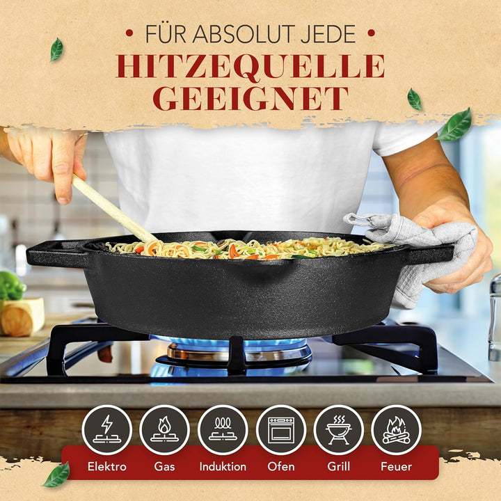 KRUSTENZAUBER Gusseisenpfanne Induktion 32cm Doppelgriff - inkl. Anleitung und Rezeptbuch - Geschlif