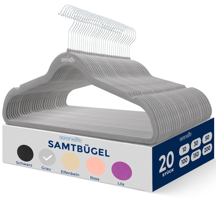 SereneLife Samt Kleiderbügel Grau 20 Stück für Dein Anzug, Rock & Hose, Kinder & Erwachsene, Gardero