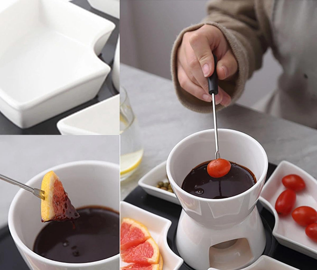 Keramik Schokofondue Set, 300ML Schokoladenfondue mit 4 Keramiktellern und 4 Gabeln, für Käse Fondue