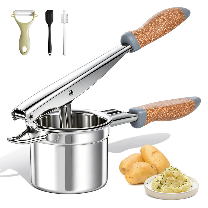 Kartoffelpresse Edelstahl mit fester Scheibe, Robuster Kartoffelstampfer mit Holz-Kunststoff-Griff,