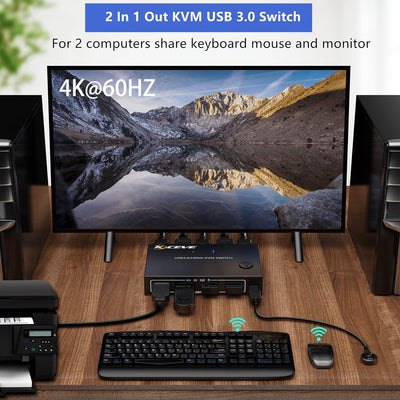 KVM USB 3.0 Switch für 2 Computer, HDMI KVM Schalter 2 Anschlüsse Aktie Monitor Maus Tastatur für La