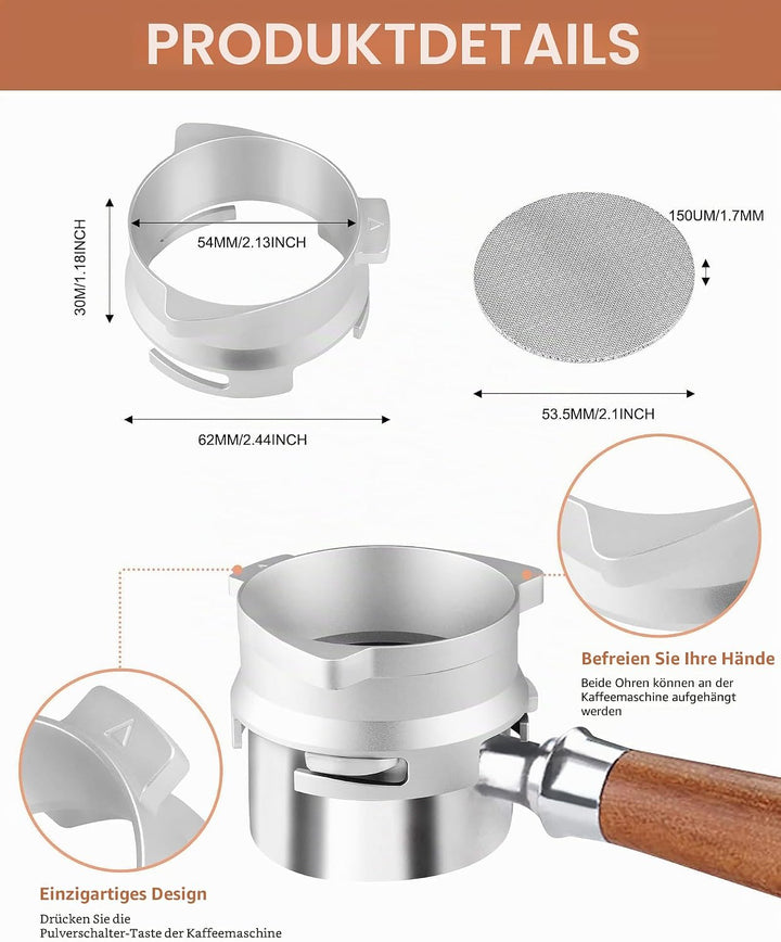 54 mm Kaffee-Dosiertrichter, freihändiger Aluminium-Dosierring und 53,5 mm Edelstahl-Pucksieb, Ersat