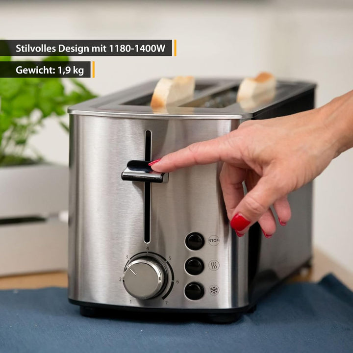 TZS First Austria Toaster Langschlitz, Edelstahl, 4 Scheiben, 1400W, mit abnehmbarem Brötchenaufsatz