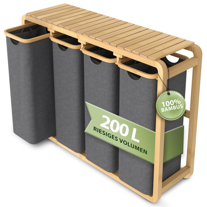 Wäschekorb 4 Fächer grau 200 L – Platzsparendes Design – 50L pro Fach - Stabile Bambuskonstruktion –