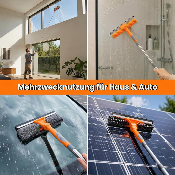 2-in-1 Fensterreinigungsset, 24cm-390cm Extra Lange Teleskopstange, Fensterputzer Set &amp; Fensterwisch