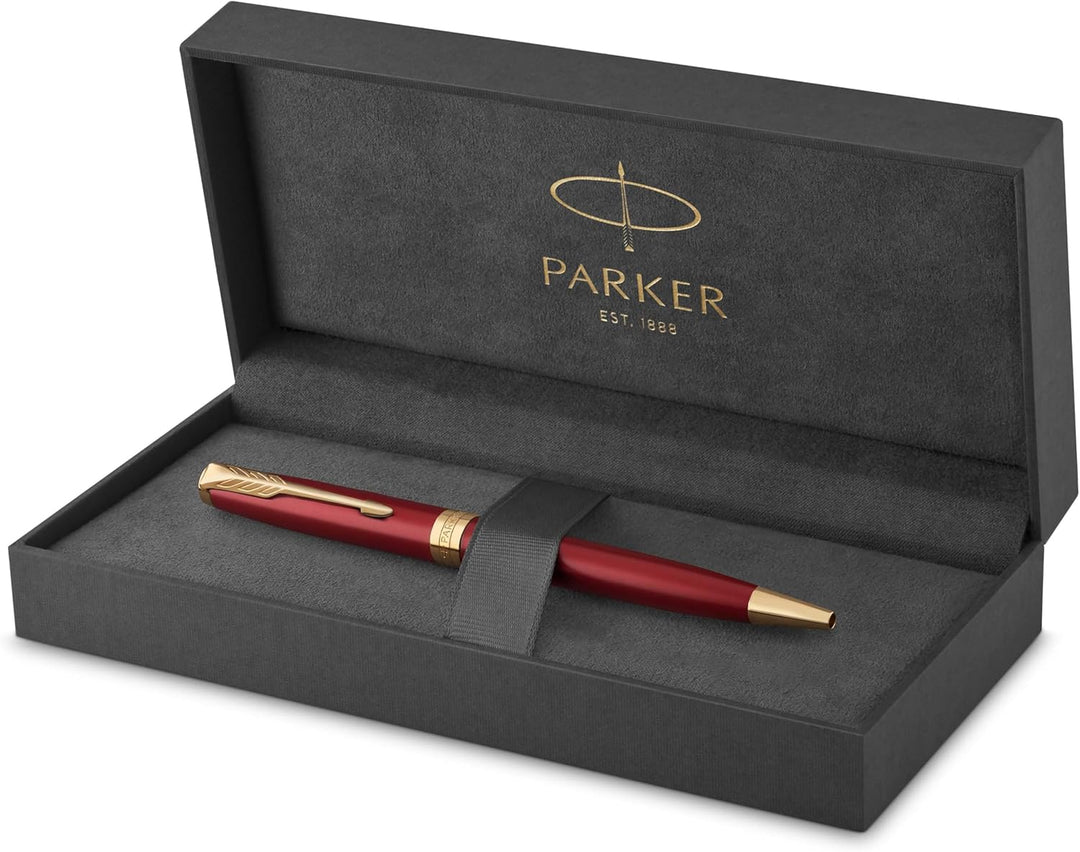 Parker Sonnet Kugelschreiber | Rote Lackierung mit Goldzierteilen | Mittlere Spitze | schwarze Tinte