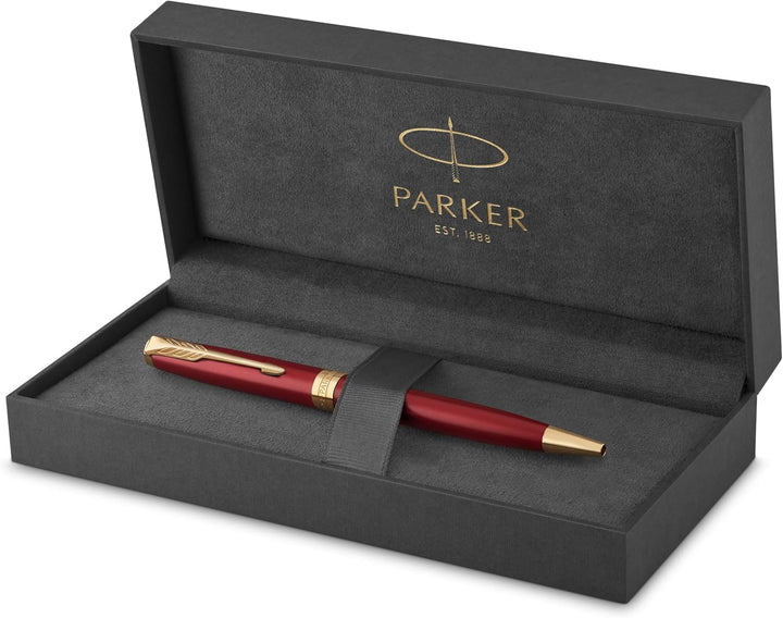 Parker Sonnet Kugelschreiber | Rote Lackierung mit Goldzierteilen | Mittlere Spitze | schwarze Tinte