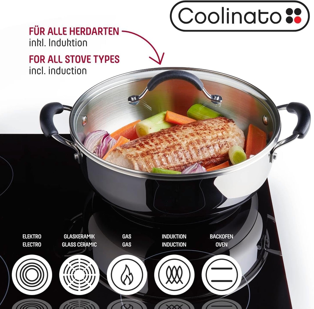 Coolinato - Edelstahl Schmortopf 24 cm mit Silikongriffen & Glasdeckel – Schmorpfanne mit 3,8 l Volu