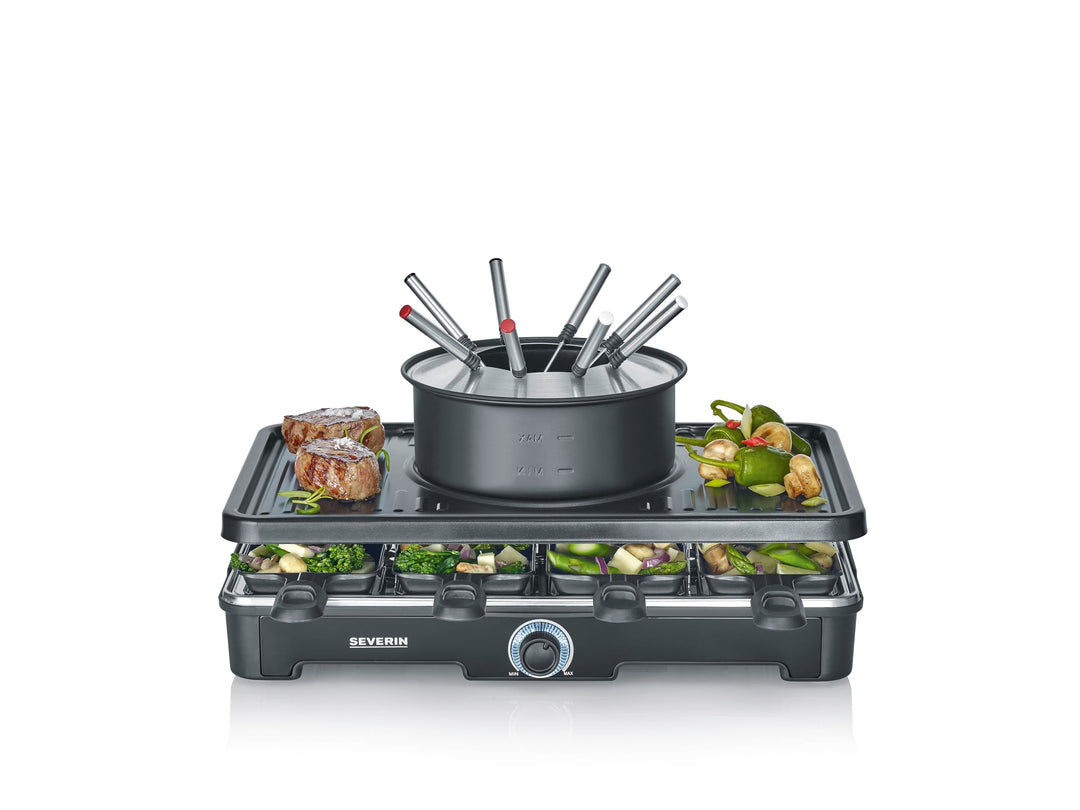 SEVERIN Raclette-Fondue-Kombination für 8 Personen, 2-in-1 Raclette Grill mit Grillplatte &amp; Fondue-S
