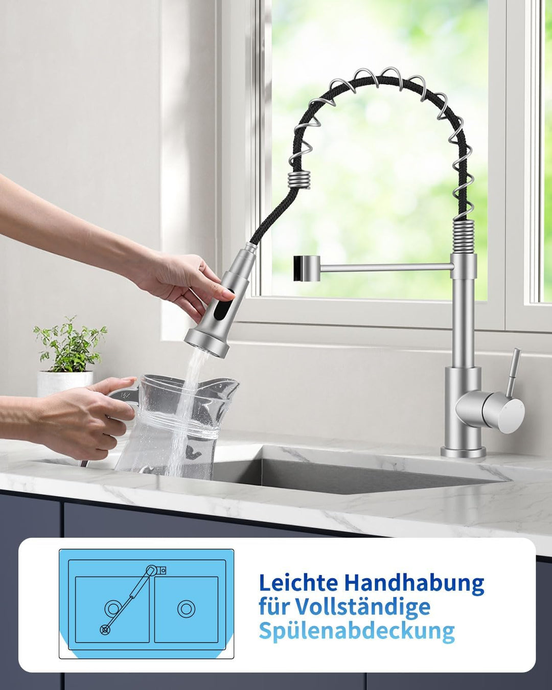 Exrenlly Küchenarmatur, Ausziehbare Commercial Spring Spültischarmatur, Einhebel Hochbogen Wasserhah