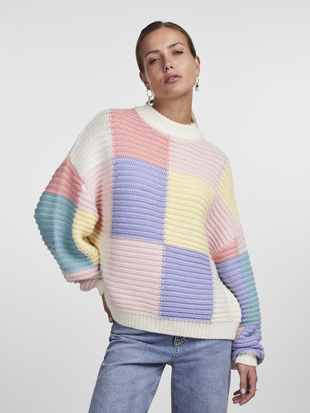 PIECES Damen Pcjamie Ls O-Neck Knit Bc Pullover XS Cloud Dancer/Checks:easter-flpi-mabl-rosh-flan-cd