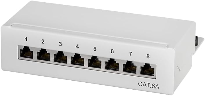 tsnetworks CAT.6a 8 Port Patchpanel/Patchfeld 8X vollgeschirmte RJ45 Buchsen 10GBit, Metallgehäuse w
