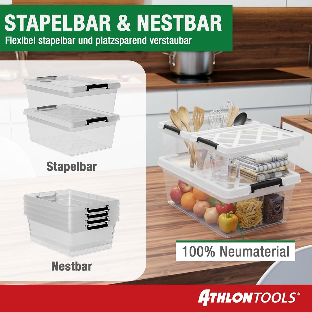 ATHLON TOOLS 4x 32 L Aufbewahrungsboxen mit Deckel, lebensmittelecht - Verschlussclips - 100% Neumat