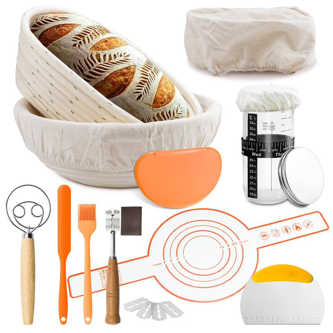 Gärkorb zum Brotbacken inkl.Komplettes Sauerteig-Starter-Set,10-Zoll ovales und 9-Zoll rundes Hefebr