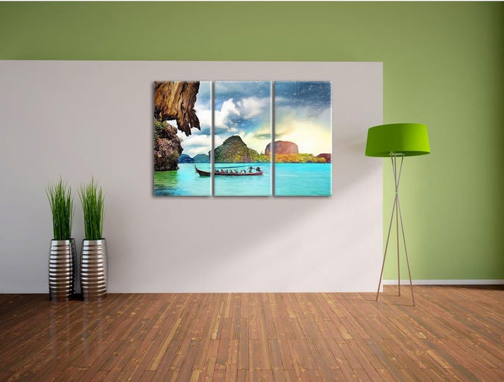 Pixxprint Thailand Phuket Playa Paradisiaca Kunst Buntstift Effekt 3-Teiler Leinwandbild 120x80 Bild