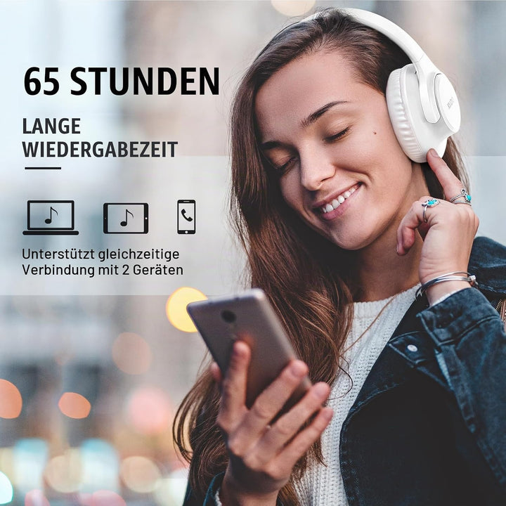 KVIDIO Bluetooth Kopfhörer, Kabellose Kopfhörer mit 65 Stunden Spielzeit, Intensiver Bass, Wireless