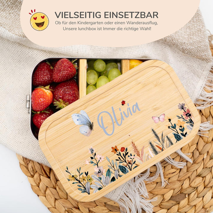Kidsmood - Personalisierte Brotdose Kinder mit Fächern, Edelstahl Lunchbox mit Bambusdeckel | Schads