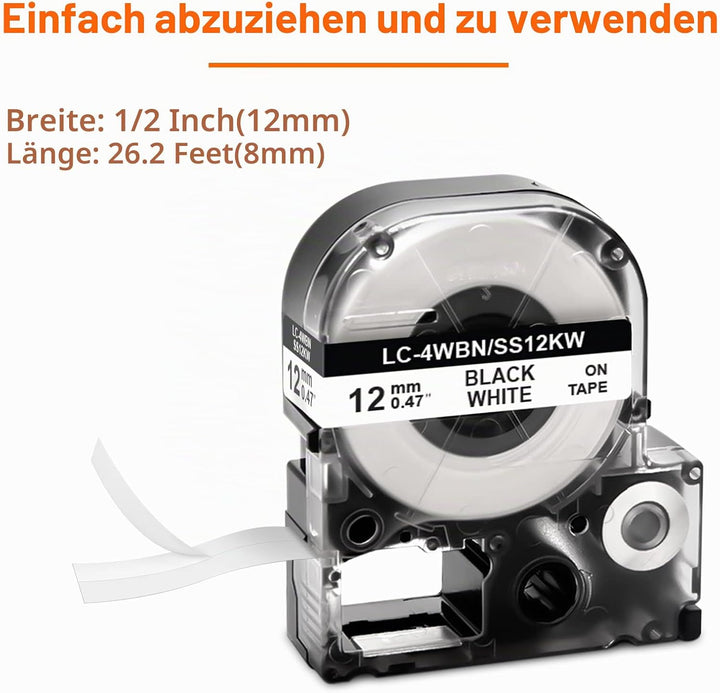 5x Labelwell 12MM Kompatibel Schriftband Ersatz für LC-4WBN9 SS12KW Schwarz auf Weiss Arbeiten für L