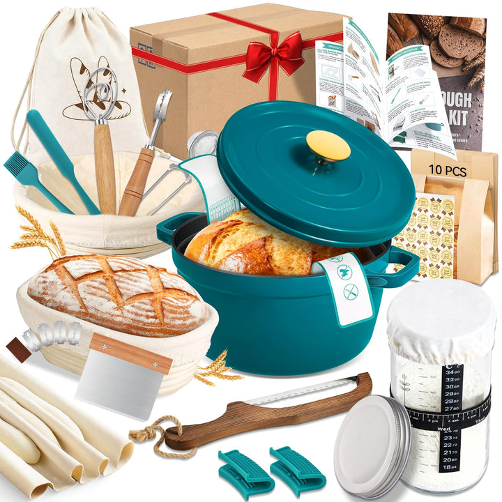 NZQXJXZ 5.7L Sauerteig Starter Set mit Gusseisen Topf Brot Backen und Gärkorb, Emaillierter Brotback