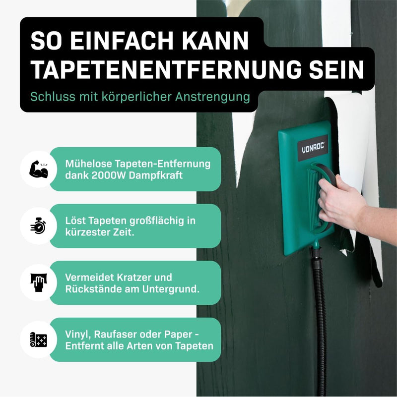 VONROC Dampftapetenablöser 2000W - 4,5L Behälter und 3,5m Dampfschlauch