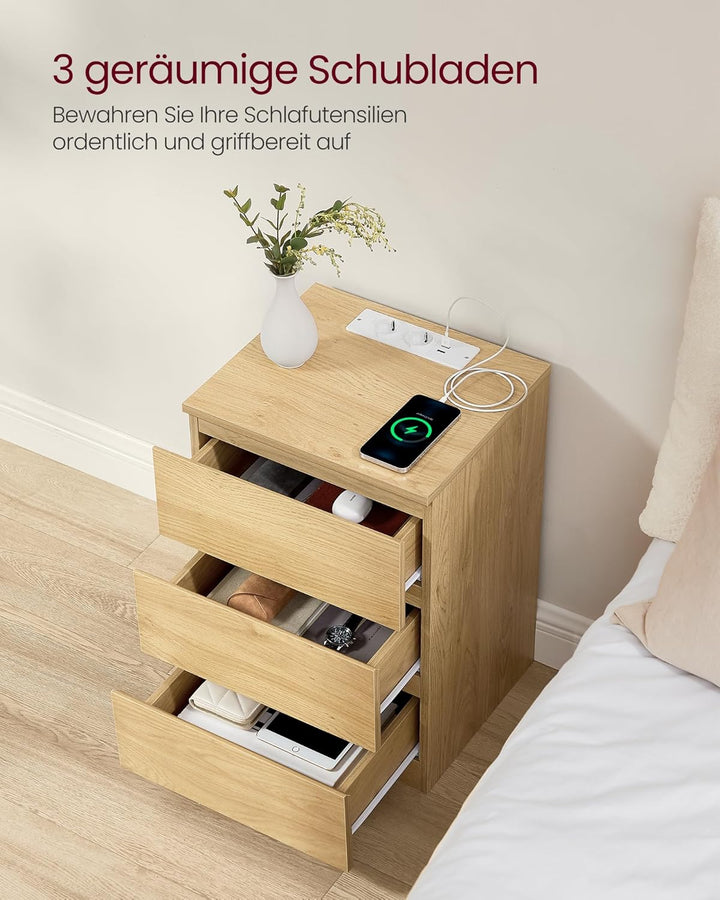 VASAGLE Kailyn Kollektion - Nachttisch mit Steckdosenleiste, 2er Set, Beistelltisch, 3 Schubladen, 2
