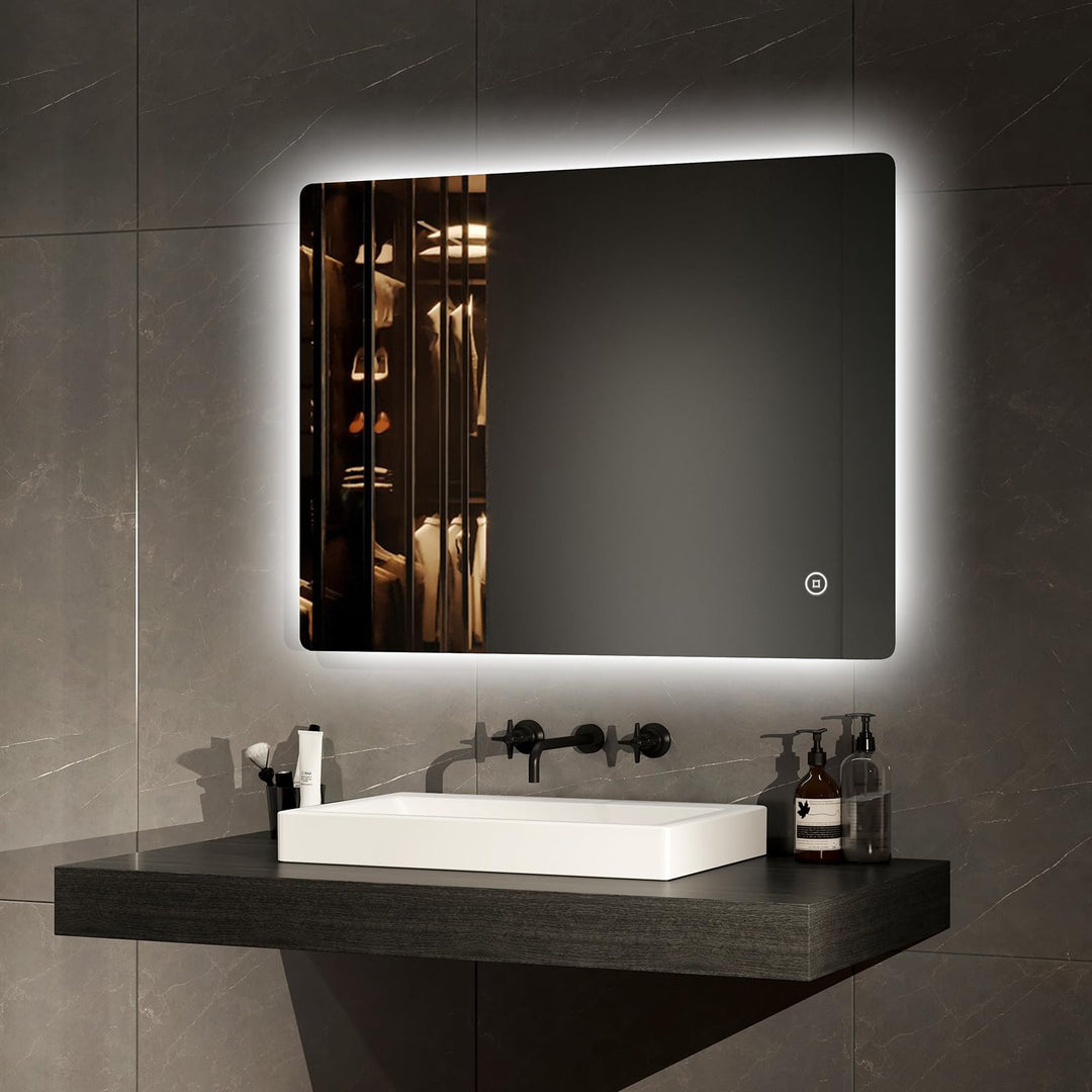 EMKE LED Badspiegel 80x60cm Badezimmerspiegel mit Beleuchtung mit Touchschalter+3 Lichtfarbe Dimmbar