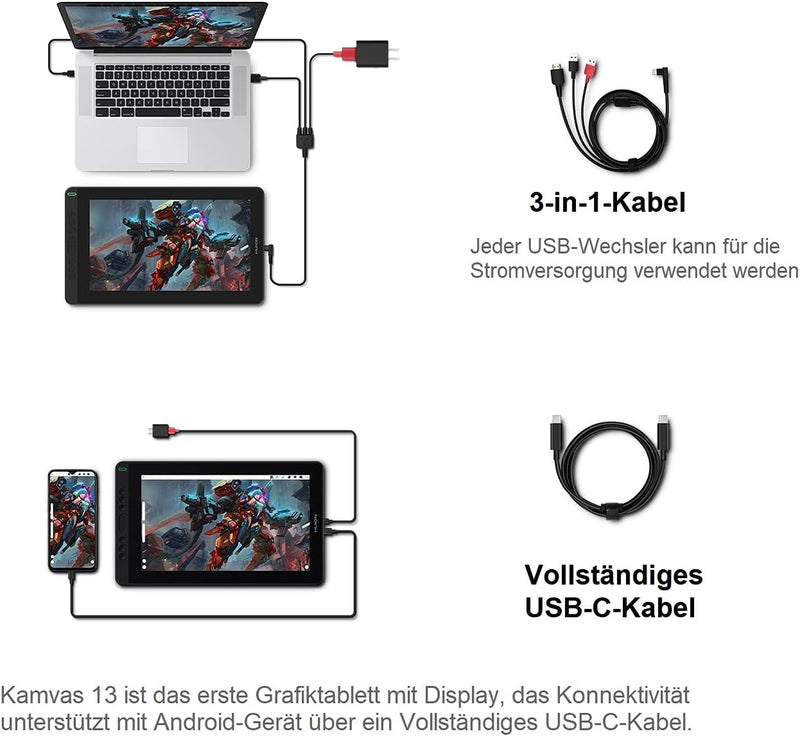 HUION Grafiktablett mit Display Kamvas 13(ohne Ständer) Volllaminatbildschirm 8 programmierbare Druc