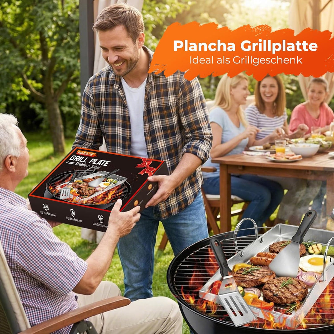 Plancha Grillplatte 40 x 30 cm mit Perforation, 4 mm Edelstahlplatte, hitzebeständig & verformungsfr