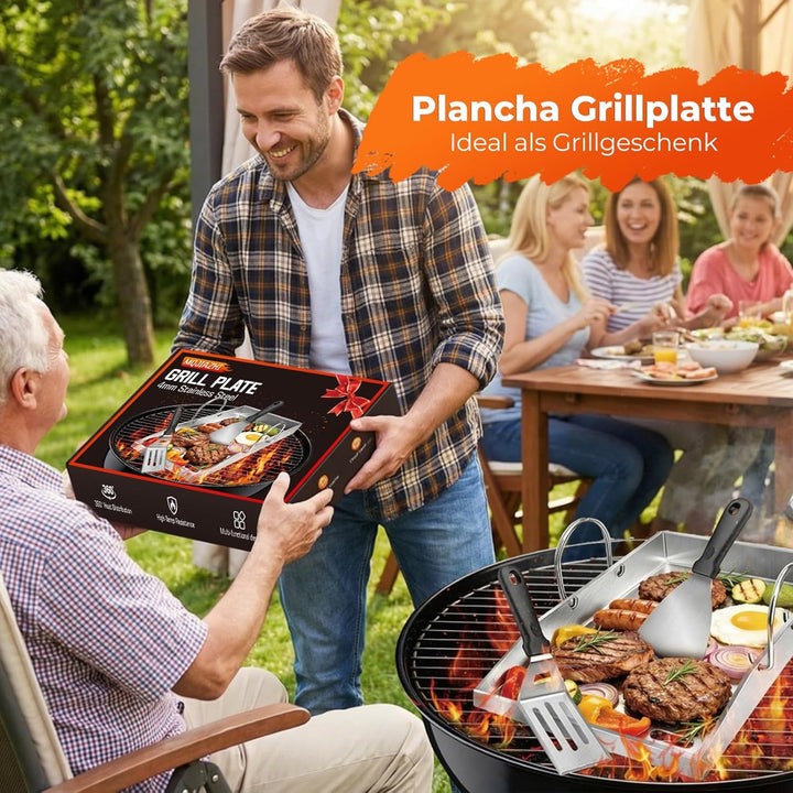 Plancha Grillplatte 40 x 30 cm mit Perforation, 4 mm Edelstahlplatte, hitzebeständig & verformungsfr