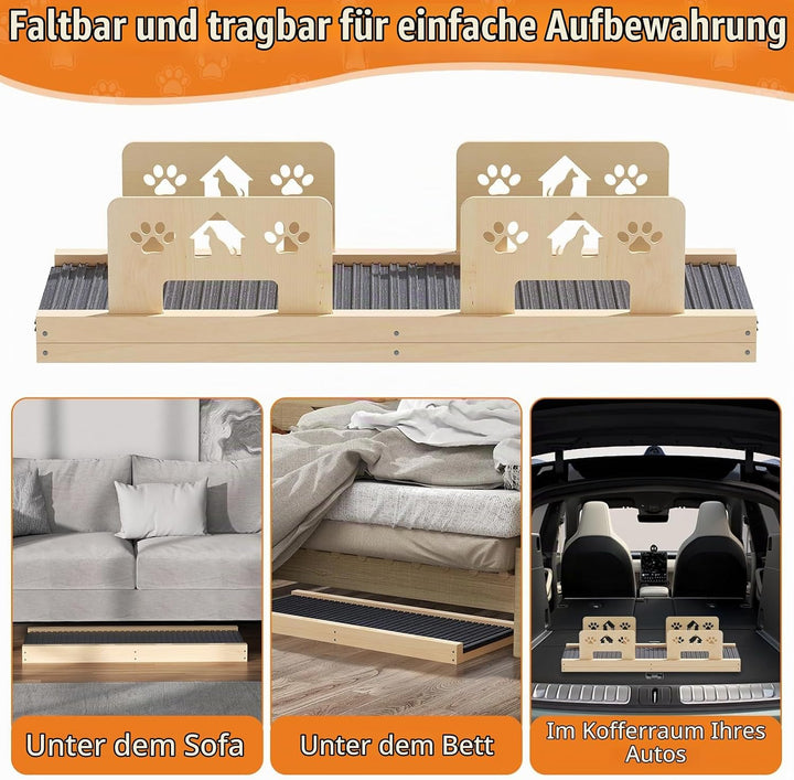 Hunderampe, Hunderampe Bett 100CM lang mit Sicherheitsgeländer, Höhenverstellbare Tragbare Hundetrep