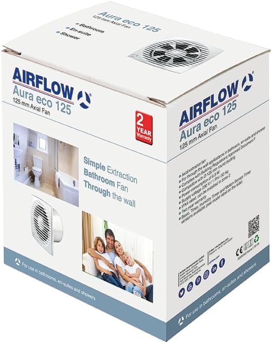 Airflow Aura 125HT Abluftventilator für das Badezimmer, Feuchtigkeitssensor (60-90% RH) mit Timer, l