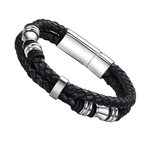 Hanessa 22 cm Echt-Leder Herren Armband Schwarz/Silber vers. Grössen Edelstahl Geschenk zu Weihnacht