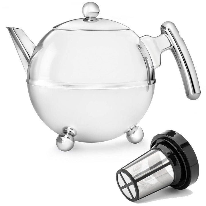 Teekanne Set 0.75 Liter - Edelstahl doppelwandig Chromfarben - Kleine Edelstahlteekanne mit Deckel m